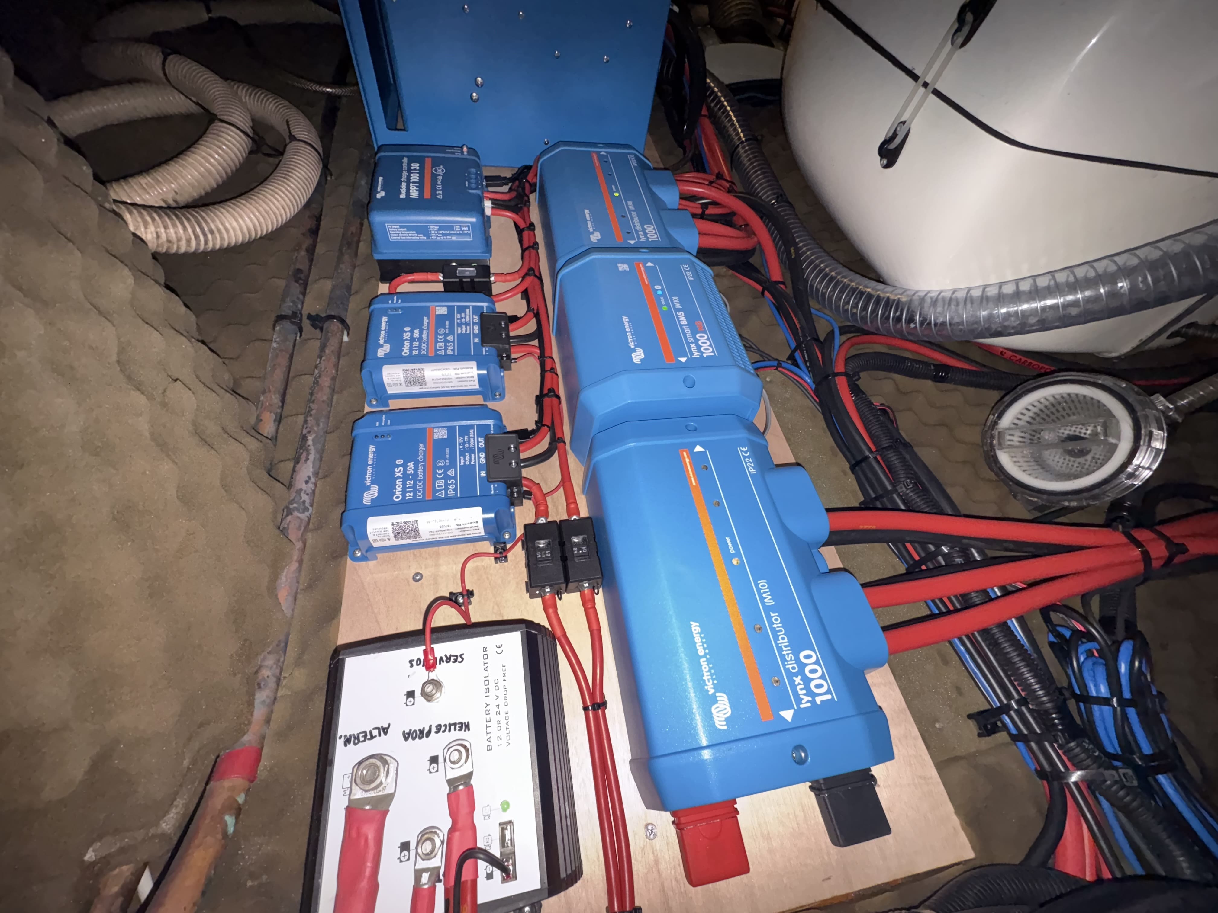 Sistema eléctrico con distribuidores y reguladores Victron instalados a bordo