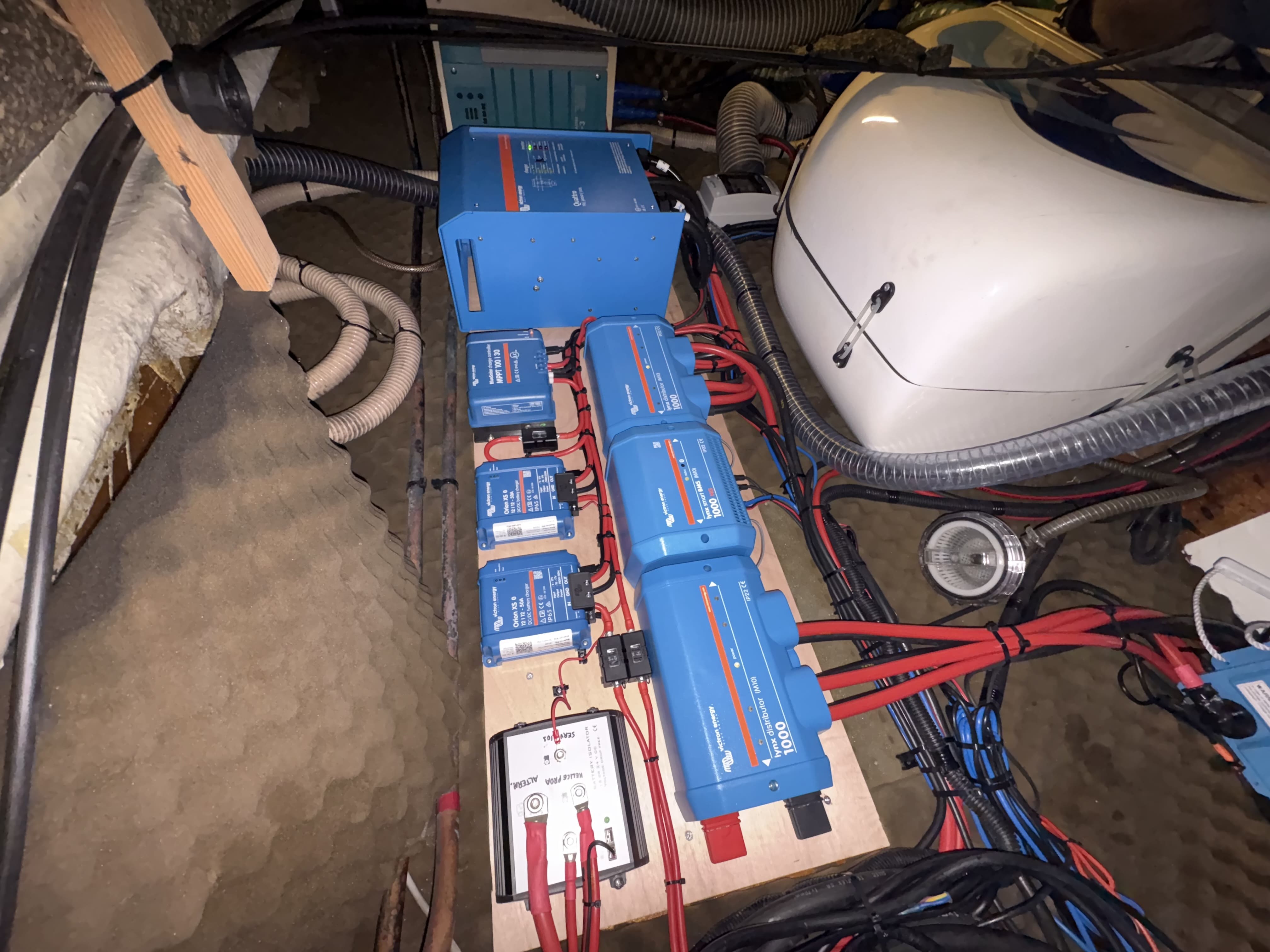 Sistema eléctrico con distribuidores y reguladores Victron instalados a bordo